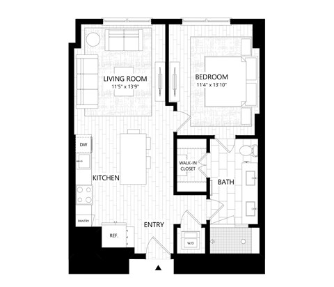 Floor plan for 1 bed, 1 bath, 721 sqft